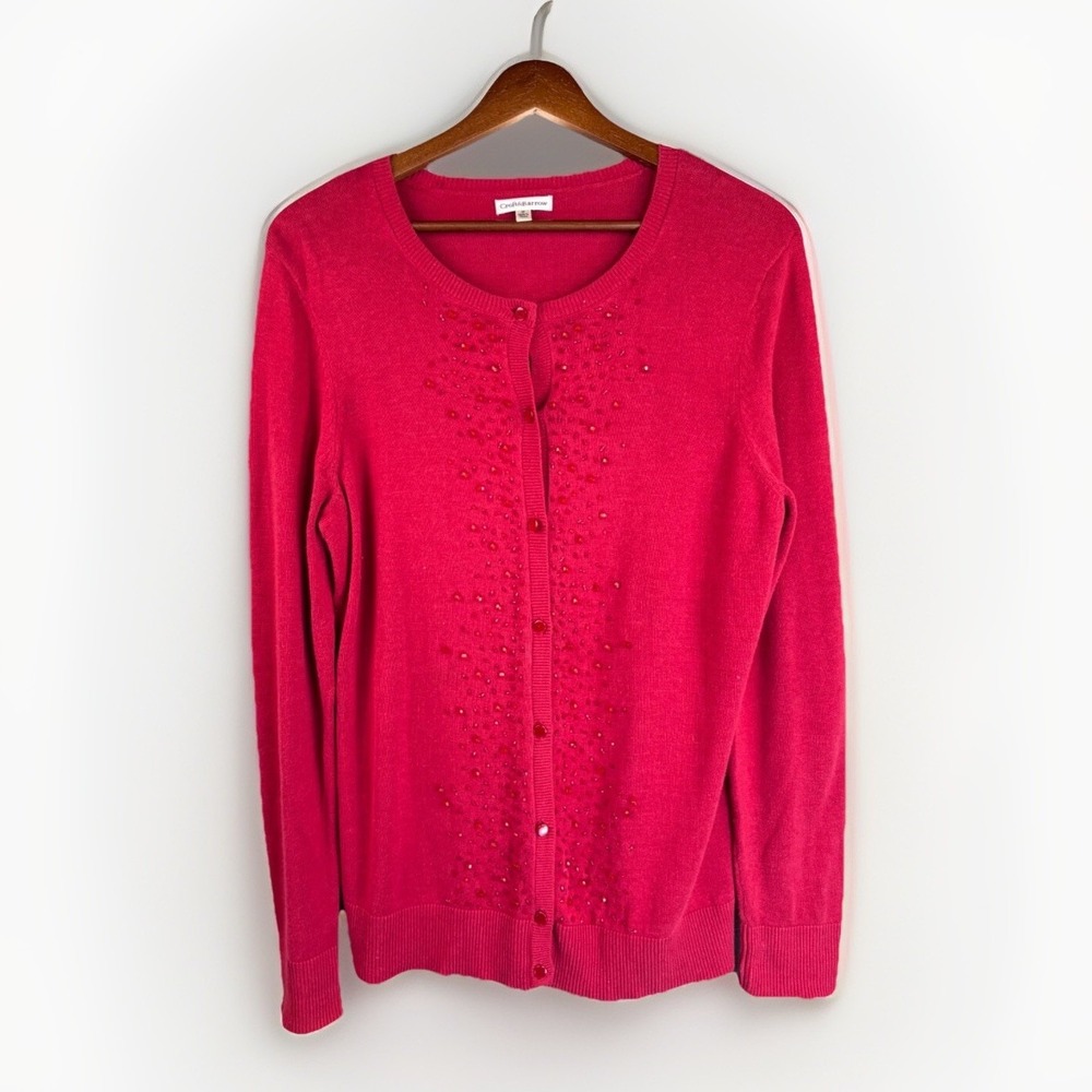 Red Cardigan M Embellished Sparkle Beaded Festive Lightweight Soft Cotton Blend